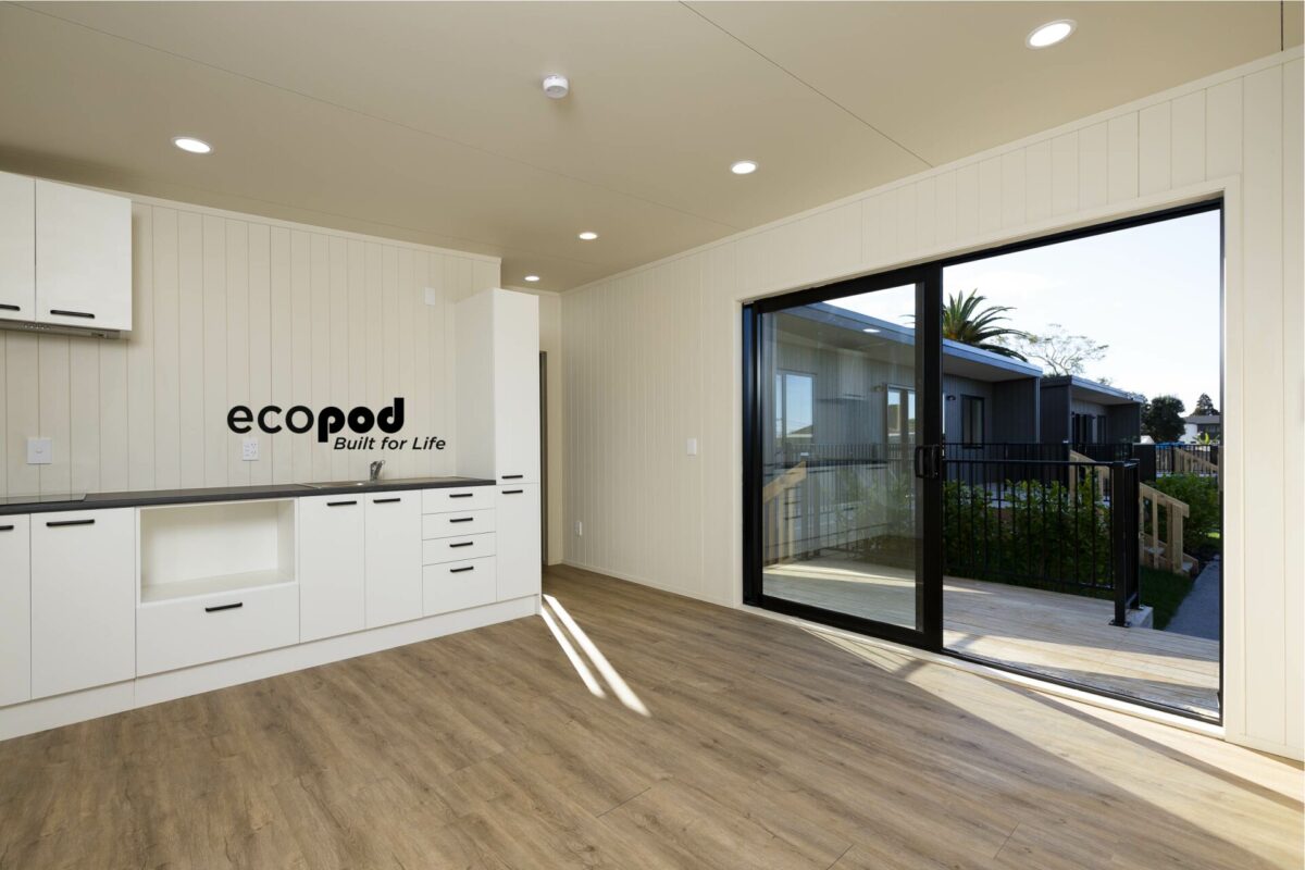 Ecopod-V-G1__ScaleMaxWidthWzE5MjBd Ecopod modular home interior – MDF wall linings and ceiling panels in modern prefabricated housing built in New Zealand.